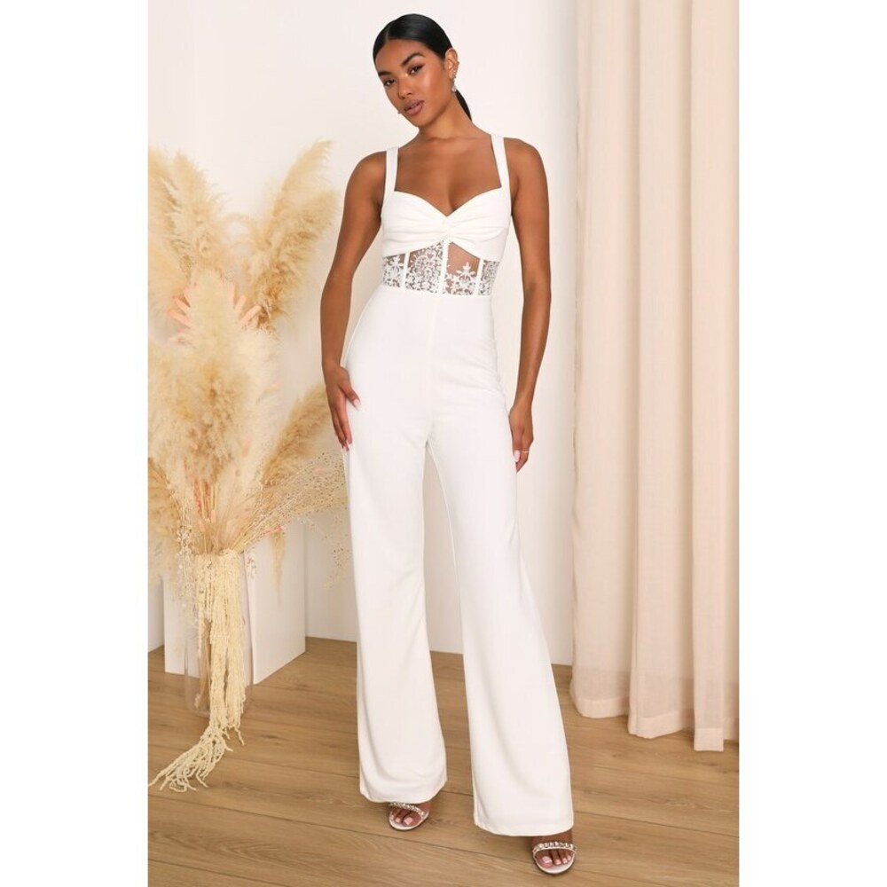 Lulus Adore The Feeling White Sheer Lace Bustier Twist-front Jumpsuit - Size XL